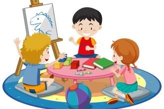 Students with kindergarten room elements on white background illustration